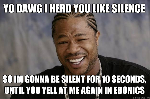 Yo dawg I herd you like silence so im gonna be silent for 10 seconds, until you yell at me again in ebonics - Yo dawg I herd you like silence so im gonna be silent for 10 seconds, until you yell at me again in ebonics  Xzibit meme