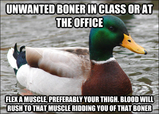 Unwanted boner in class or at the office flex a muscle, preferably your thigh. blood will rush to that muscle ridding you of that boner  Actual Advice Mallard