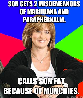 Son gets 2 misdemeanors of marijuana and paraphernalia.  Calls Son fat because of munchies.   Sheltering Suburban Mom