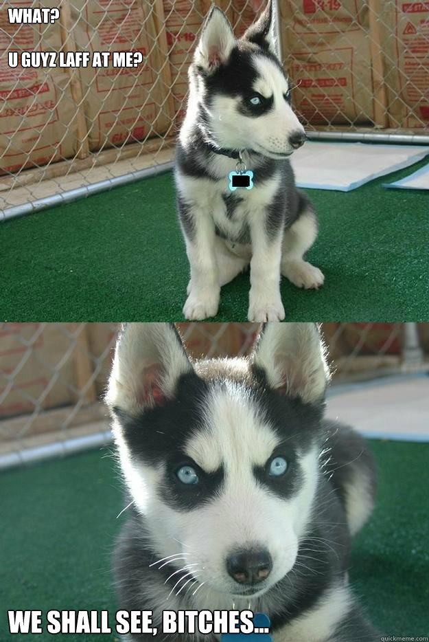 What?

U Guyz Laff at Me? We Shall See, Bitches...  Insanity puppy