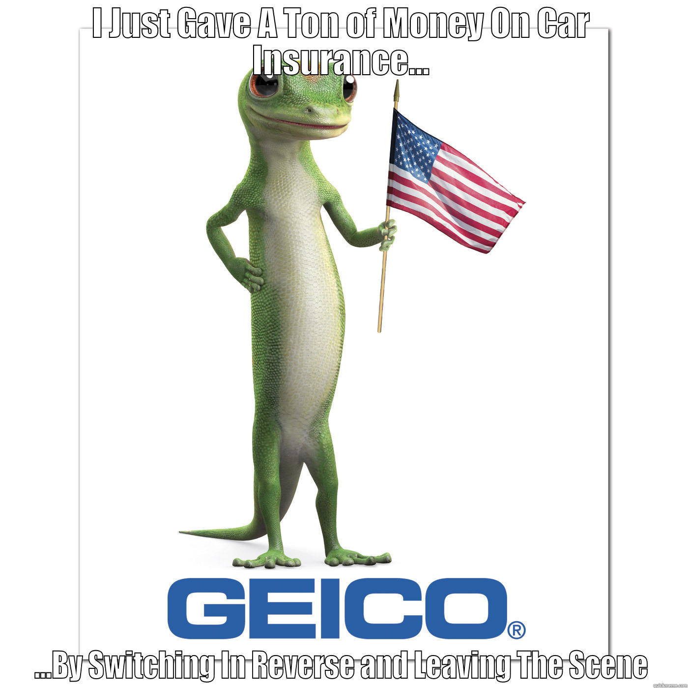 geico leave the scene - I JUST GAVE A TON OF MONEY ON CAR INSURANCE... ...BY SWITCHING IN REVERSE AND LEAVING THE SCENE Misc
