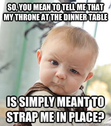 So, you mean to tell me that my throne at the dinner table is simply meant to strap me in place?  skeptical baby
