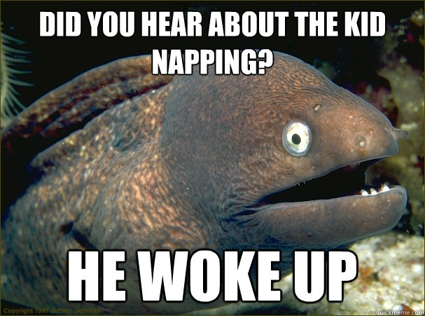 did you hear about the kid napping? he woke up  Bad Joke Eel