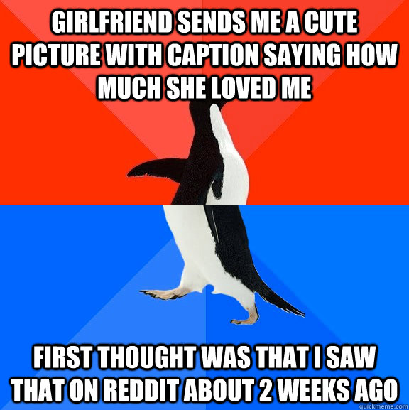 girlfriend sends me a cute picture with caption saying how much she loved me first thought was that i saw that on reddit about 2 weeks ago   Socially Awesome Awkward Penguin