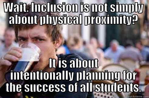 Inclusion  - WAIT. INCLUSION IS NOT SIMPLY ABOUT PHYSICAL PROXIMITY? IT IS ABOUT INTENTIONALLY PLANNING FOR THE SUCCESS OF ALL STUDENTS. Lazy College Senior
