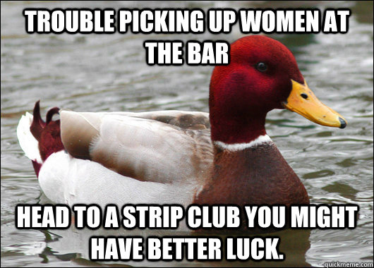 trouble picking up women at the bar  Head to a strip club you might have better luck.  Malicious Advice Mallard
