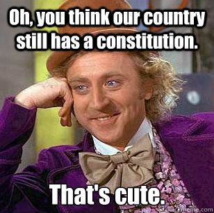 Oh, you think our country still has a constitution. That's cute.  Condescending Wonka