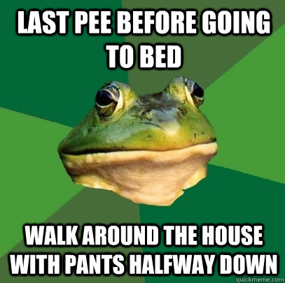 Last pee before going to bed Walk around the house with pants halfway down  Foul Bachelor Frog