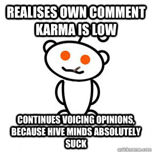 realises own comment karma is low continues voicing opinions, because hive minds absolutely suck - realises own comment karma is low continues voicing opinions, because hive minds absolutely suck  Good Guy Redditor