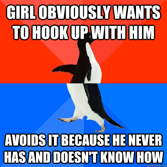 Girl obviously wants to hook up with him avoids it because he never has and doesn't know how - Girl obviously wants to hook up with him avoids it because he never has and doesn't know how  Socially Awesome Awkward Penguin