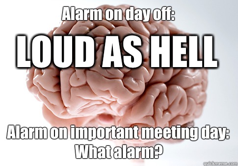 Alarm on day off:  Alarm on important meeting day:
What alarm? LOUD AS HELL  Scumbag Brain