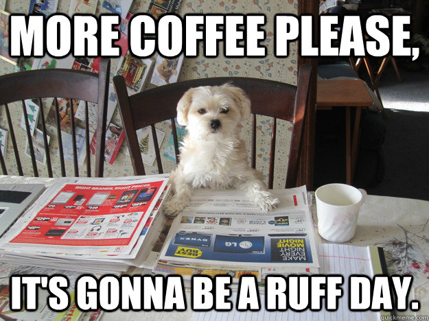 More coffee please, it's gonna be a ruff day.  - More coffee please, it's gonna be a ruff day.   More coffee please.