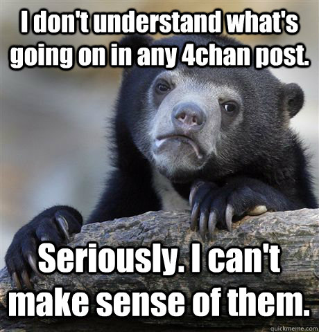 I don't understand what's going on in any 4chan post. Seriously. I can't make sense of them.  Confession Bear
