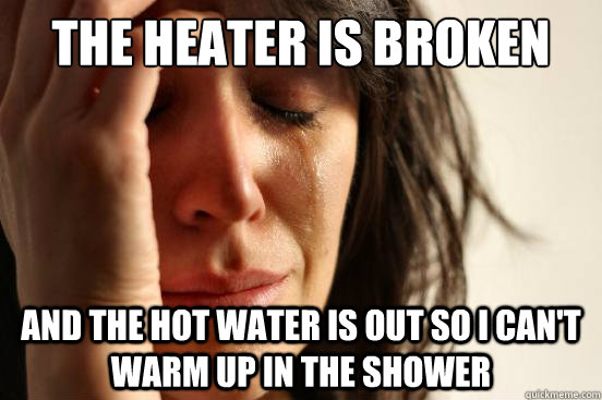 The heater is broken and the hot water is out so i can't warm up in the shower  First World Problems