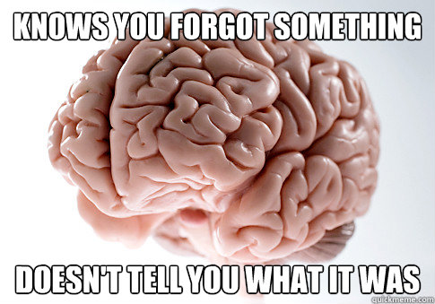 Knows you forgot something doesn't tell you what it was - Knows you forgot something doesn't tell you what it was  Scumbag Brain