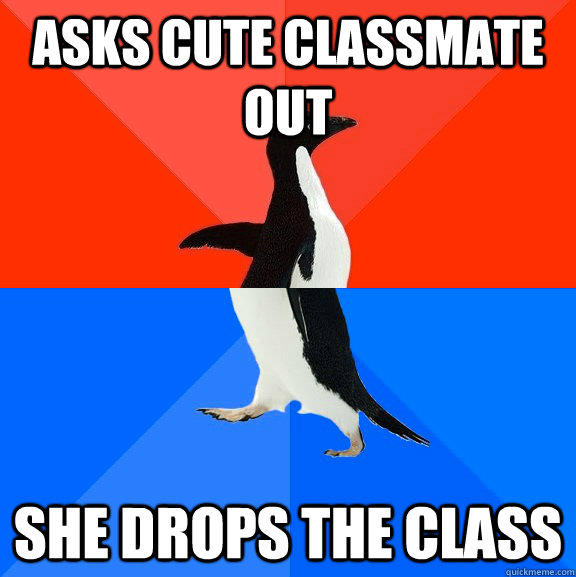 Asks cute classmate out She drops the class - Asks cute classmate out She drops the class  Socially Awesome Awkward Penguin