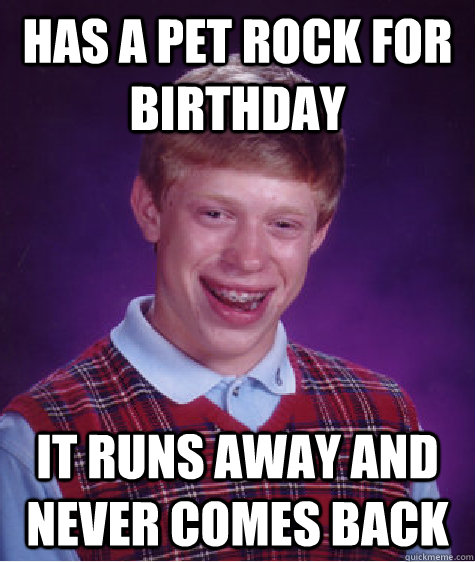 Has a Pet rock for birthday it runs away and never comes back  Bad Luck Brian