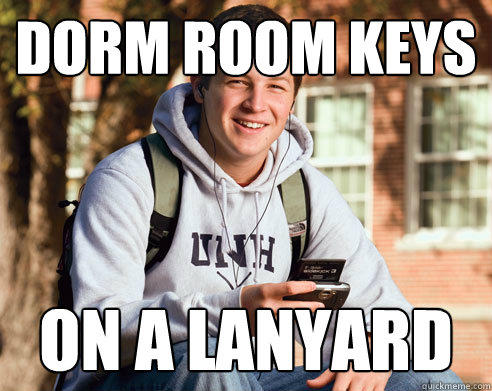 Dorm room keys on a lanyard  