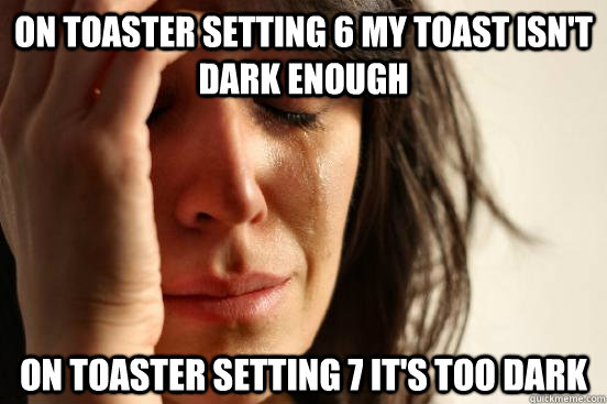 on toaster setting 6 my toast isn't dark enough on toaster setting 7 it's too dark  First World Problems