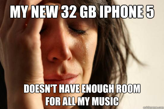 my new 32 gb iphone 5 doesn't have enough room 
for all my music  First World Problems