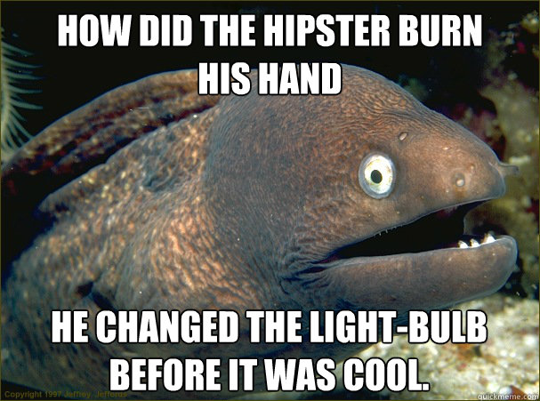 How did the hipster burn 
his hand  He changed the light-bulb before it was cool. - How did the hipster burn 
his hand  He changed the light-bulb before it was cool.  Bad Joke Eel