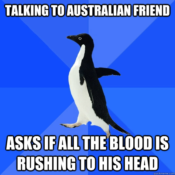 Talking to Australian friend asks if all the blood is rushing to his head  Socially Awkward Penguin