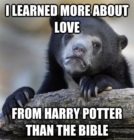 i learned more about love from harry potter than the bible  Confession Bear