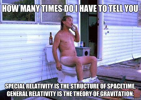 how many times do i have to tell you Special relativity is the structure of spacetime, general relativity is the theory of gravitation.  