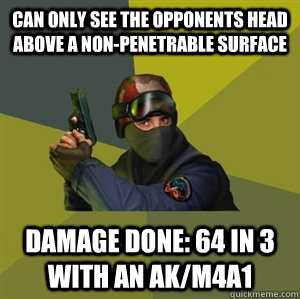 Can only see the opponents head above a non-penetrable surface Damage done: 64 in 3 with an AK/M4A1  