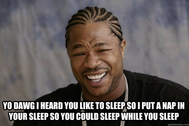  yo dawg i heard you like to sleep so I put a nap in your sleep so you could sleep while you sleep  Xzibit meme