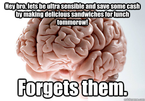 Hey bro, lets be ultra sensible and save some cash by making delicious sandwiches for lunch tommorow! Forgets them.   Scumbag Brain