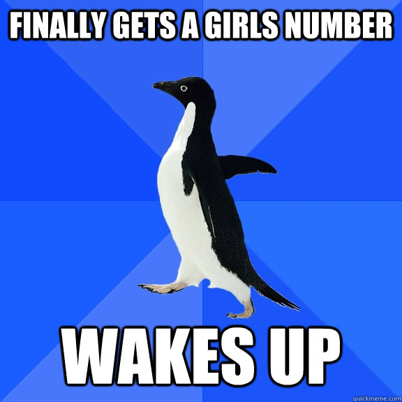Finally gets a girls number Wakes up  Socially Awkward Penguin