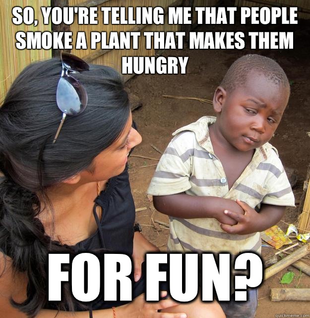 So, you're telling me that people smoke a plant that makes them hungry for fun?  Skeptical Third World Kid