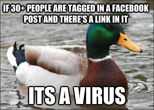 If 30+ people are tagged in a Facebook post and there's a link in it Its a virus  Actual Advice Mallard