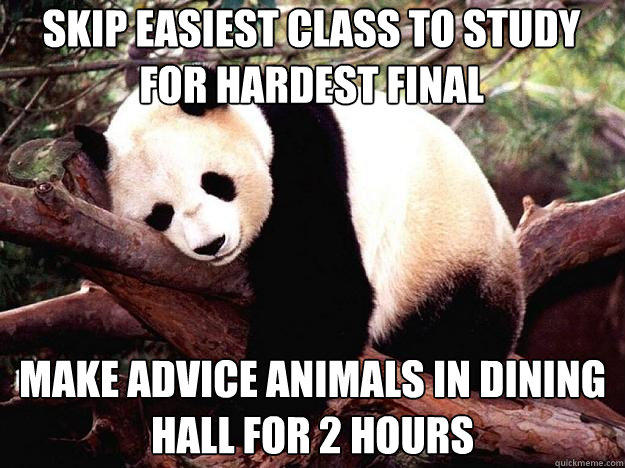 Skip easiest class to study for hardest final Make advice animals in dining hall for 2 hours  