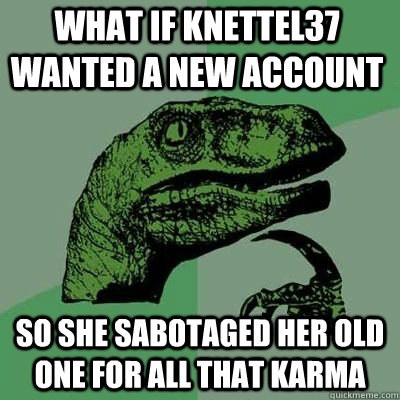 What if knettel37 wanted a new account so she sabotaged her old one for all that karma - What if knettel37 wanted a new account so she sabotaged her old one for all that karma  Misc