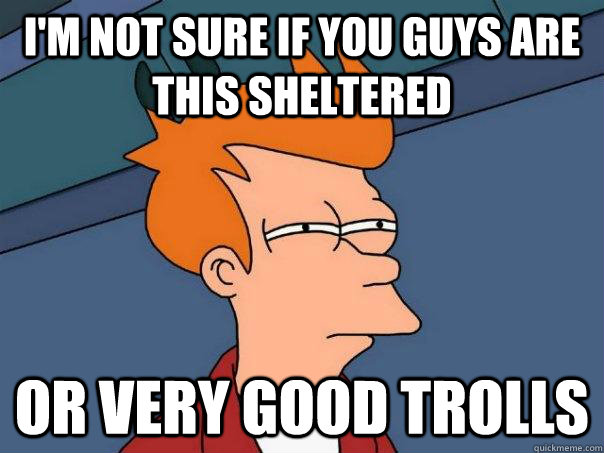 I'm not sure if you guys are this sheltered or very good trolls  Futurama Fry