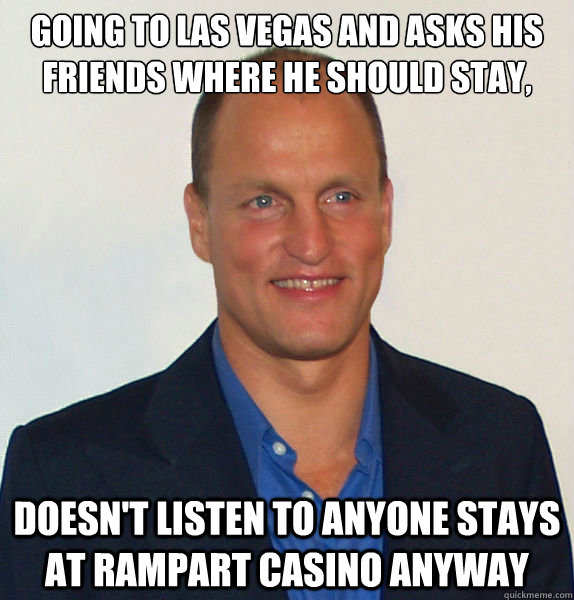 Going to Las Vegas and Asks his friends where he should Stay, Doesn't listen to anyone stays at Rampart Casino anyway  Woody Vegas