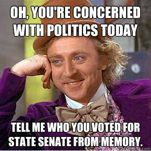 Oh, you're concerned with politics today Tell me who you voted for state senate from memory.   - Oh, you're concerned with politics today Tell me who you voted for state senate from memory.    Condescending Wonka