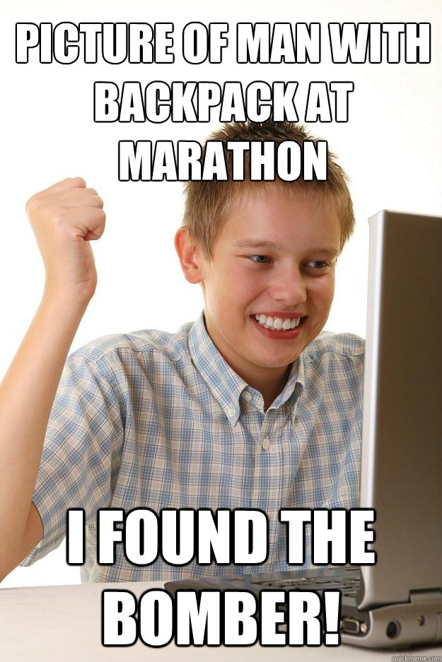 Picture of man with backpack at marathon  I found the bomber!  first time internet kid