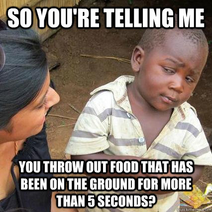 So you're telling me You throw out food that has been on the ground for more than 5 seconds? - So you're telling me You throw out food that has been on the ground for more than 5 seconds?  Skeptical kid is sceptical