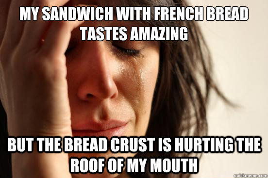 My sandwich with french bread tastes amazing but the bread crust is hurting the roof of my mouth  First World Problems
