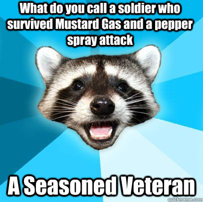 What do you call a soldier who survived Mustard Gas and a pepper spray attack A Seasoned Veteran - What do you call a soldier who survived Mustard Gas and a pepper spray attack A Seasoned Veteran  badpuncoon