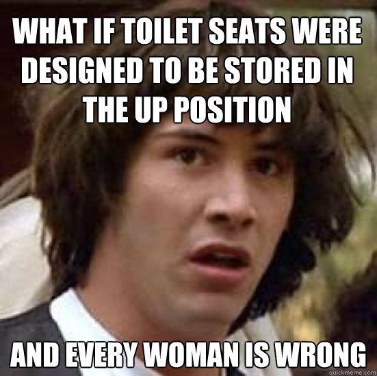 what if toilet seats were designed to be stored in the up position  and every woman is wrong  conspiracy keanu