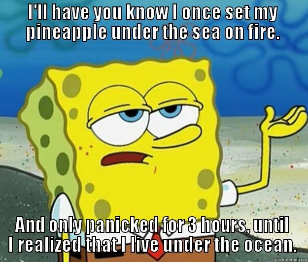 I'LL HAVE YOU KNOW I ONCE SET MY PINEAPPLE UNDER THE SEA ON FIRE. AND ONLY PANICKED FOR 3 HOURS, UNTIL I REALIZED THAT I LIVE UNDER THE OCEAN. Tough Spongebob