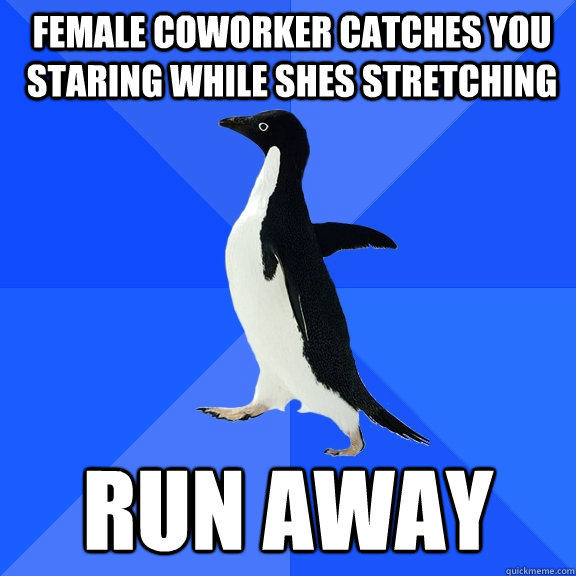 Female Coworker catches you staring while shes stretching run away  Socially Awkward Penguin