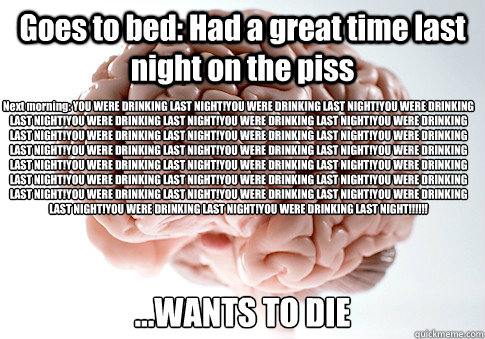 Goes to bed: Had a great time last night on the piss ...WANTS TO DIE Next morning: YOU WERE DRINKING LAST NIGHT!YOU WERE DRINKING LAST NIGHT!YOU WERE DRINKING LAST NIGHT!YOU WERE DRINKING LAST NIGHT!YOU WERE DRINKING LAST NIGHT!YOU WERE DRINKING LAST NIGH  Scumbag Brain