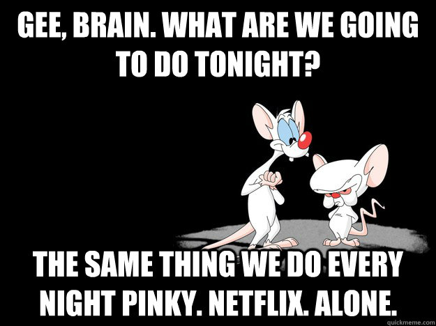 Gee, Brain. What are we going to do tonight? The same thing we do every night pinky. netflix. alone.  