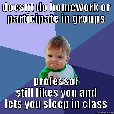 DOESNT DO HOMEWORK OR PARTICIPATE IN GROUPS PROFESSOR STILL LIKES YOU AND LETS YOU SLEEP IN CLASS Success Kid