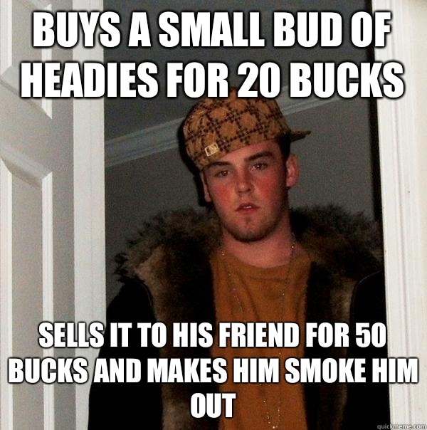 Buys a small bud of headies for 20 bucks Sells it to his friend for 50 bucks and makes him smoke him out  Scumbag Steve
